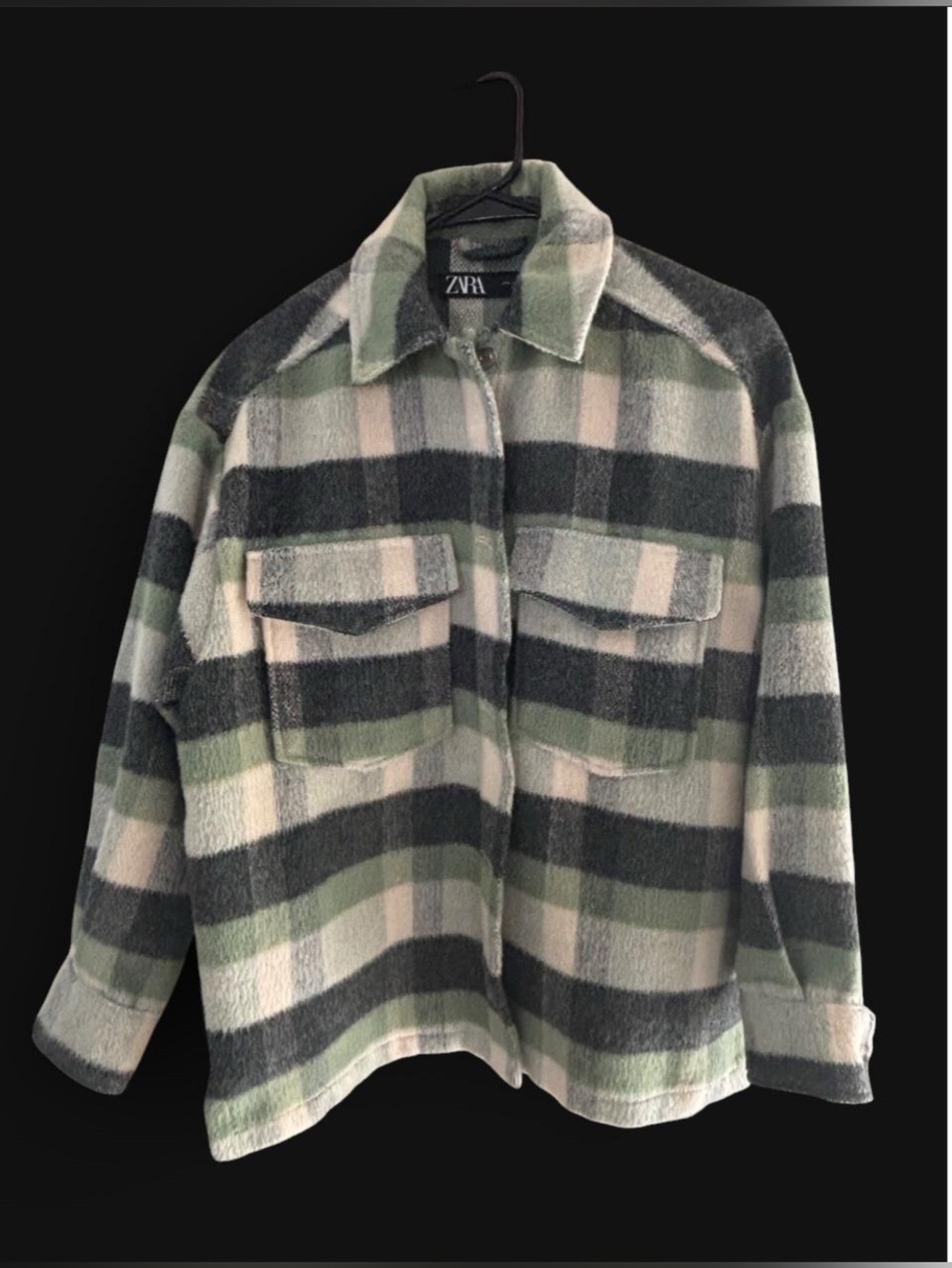 Zara Green Plaid Overshirt Shacket Jacket Women’s Small Wool Blend Relaxed Fit